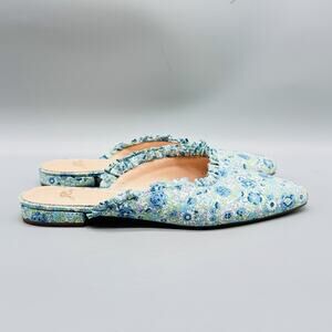 J Crew Shoes Women 8 Blue Green Floral Ruffle Trim Mule Flat Pointed Toe Slip On